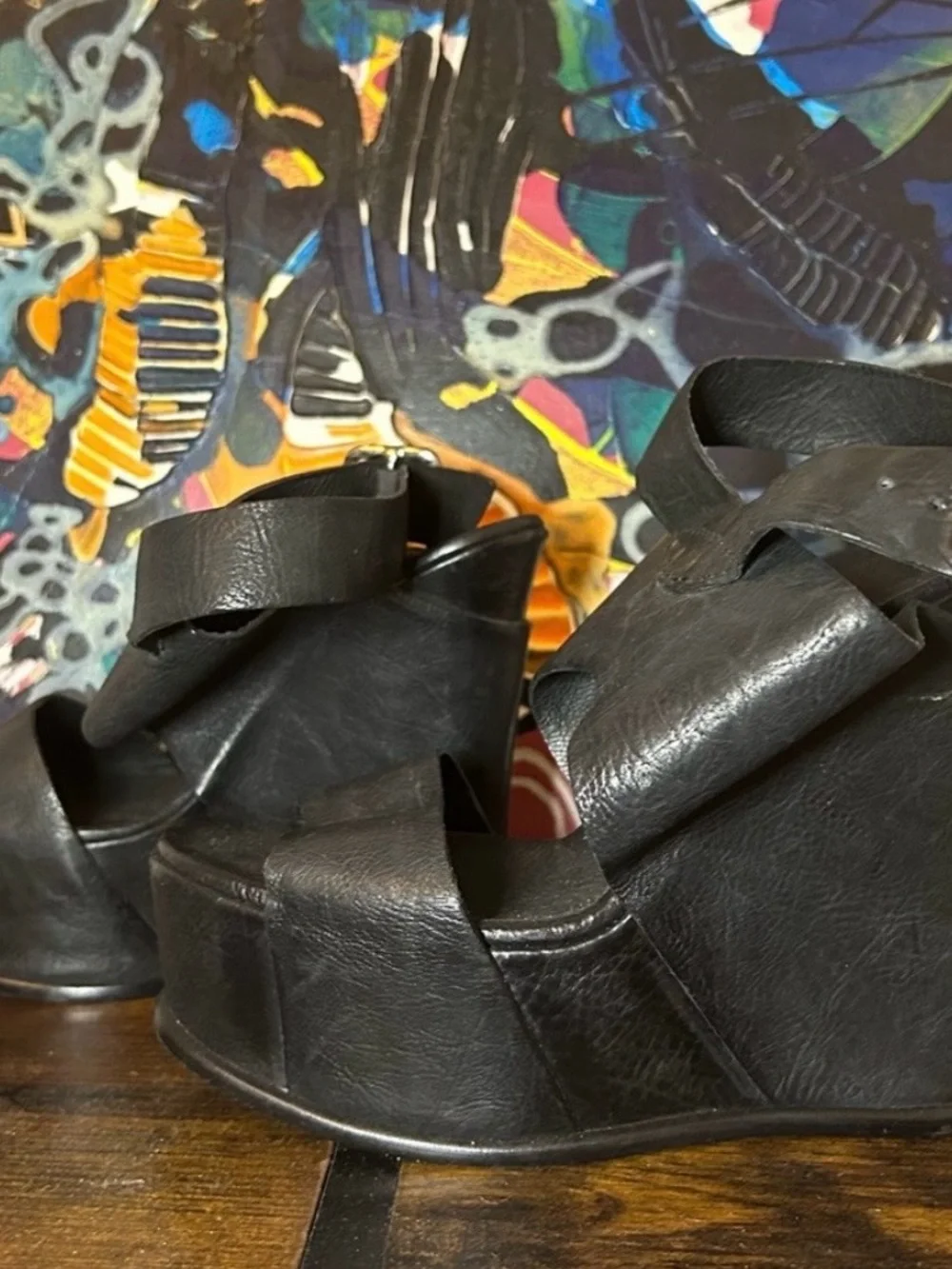 Vera Wang Lavender Label Black Leather Wedge Sandal